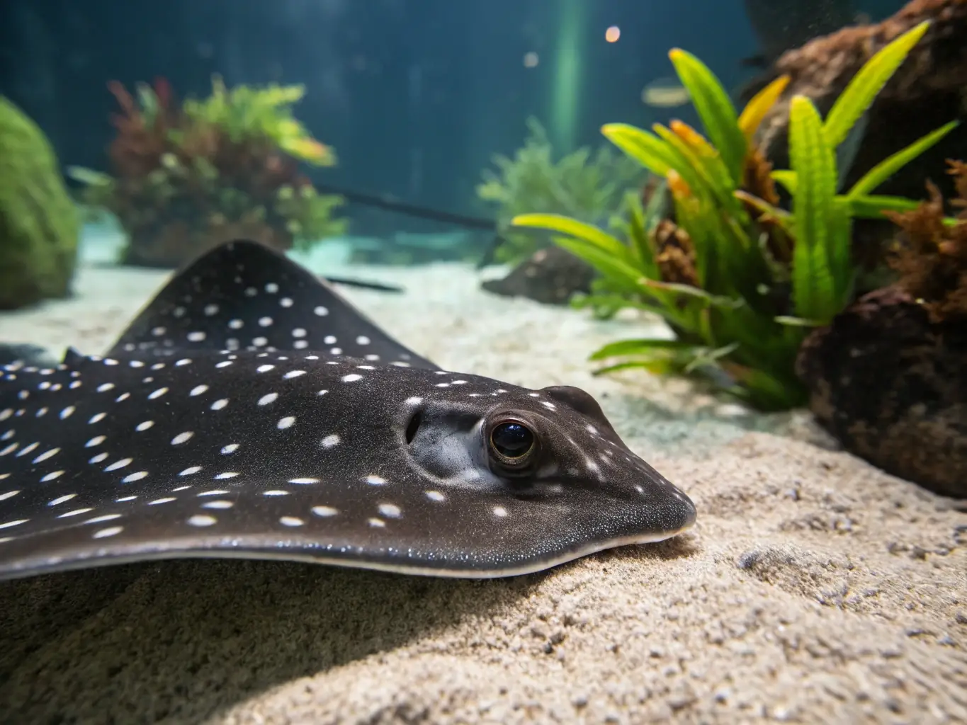 A high-definition, close-up shot of a Black Diamond Stingray in a lush, planted aquarium, showcasing its unique black coloration and white spots. The image should highlight the ray's health and vibrant appearance.