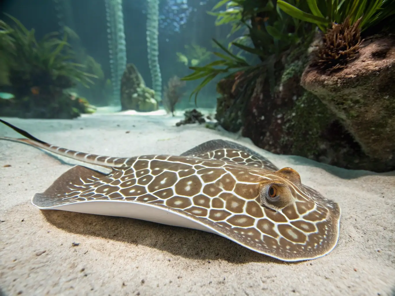 A captivating image of a Leopoldi Stingray resting on a sandy bottom, highlighting its intricate patterns and robust physique. The photo should convey a sense of the ray's natural habitat and calm demeanor.