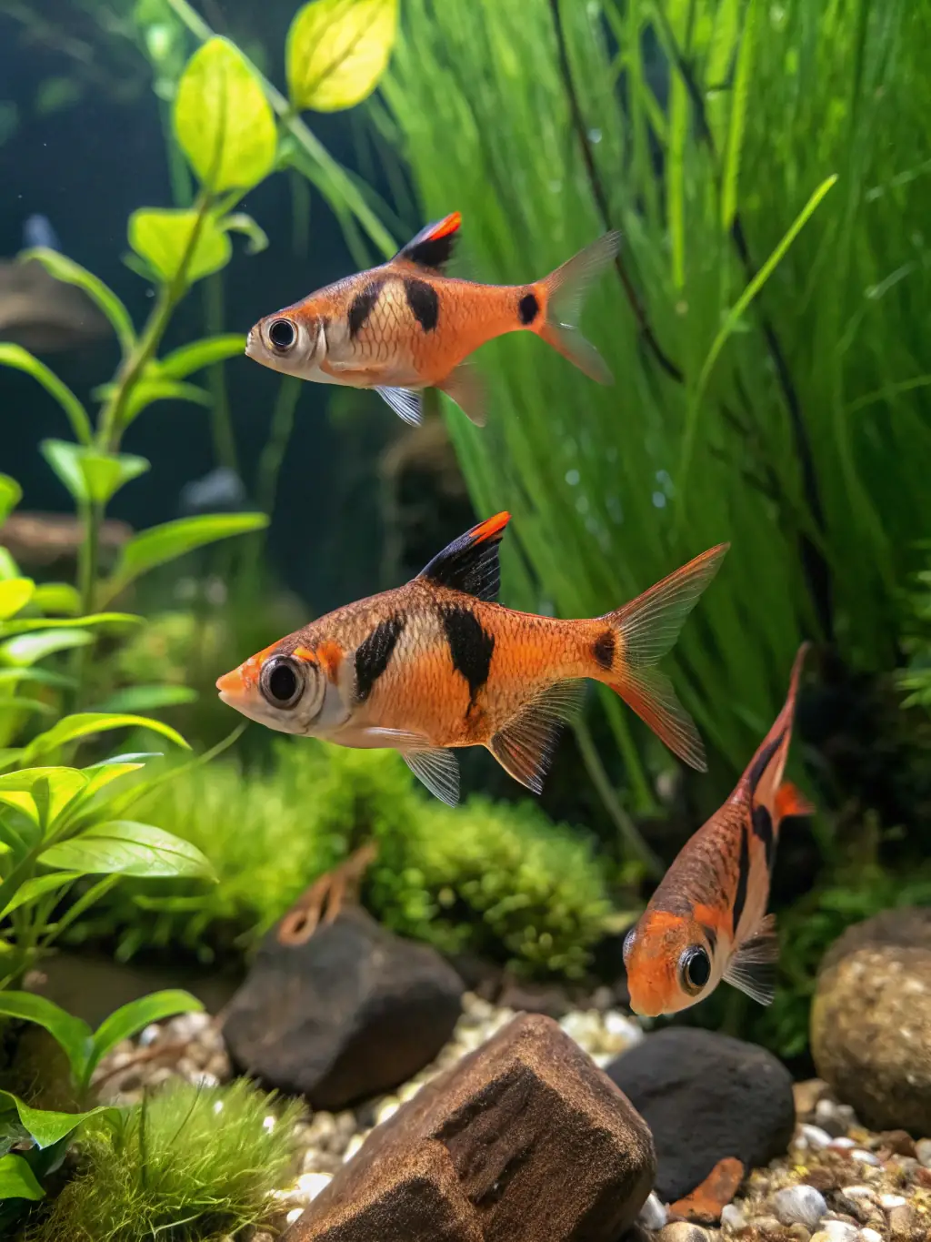 A captivating image of a group of Harlequin Rasboras swimming in a planted tank, their distinctive black triangle marking adding a touch of sophistication to the aquarium.