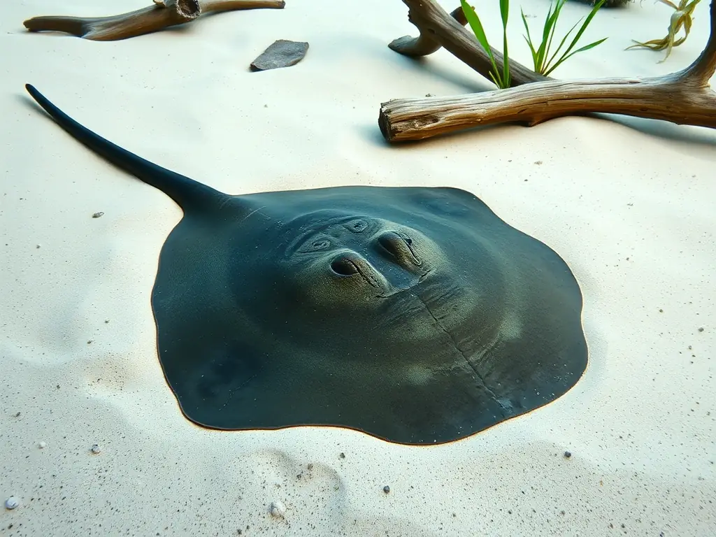 A high-quality image of a motoro stingray in a naturalistic aquarium setting, with sandy substrate and driftwood. The stingray should be partially buried in the sand, showcasing its camouflage abilities.