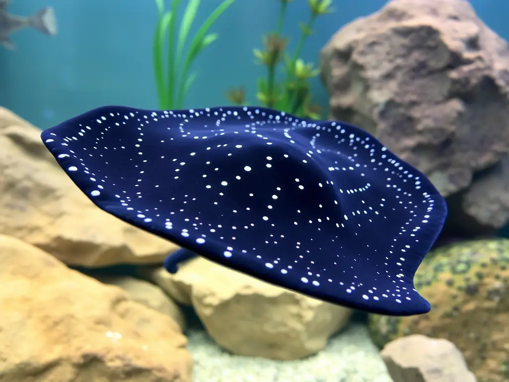 A high-quality image of a Black Diamond Stingray in a pristine aquarium, showcasing its unique black coloration and white spots. The aquarium should be well-lit and feature natural-looking decorations.