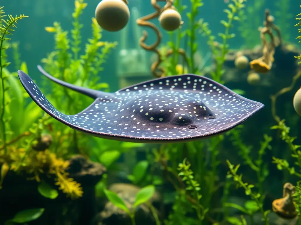 A high-quality image of a Leopoldi Stingray in a lush, planted aquarium. The stingray should be actively swimming, displaying its distinctive spots and graceful movements.