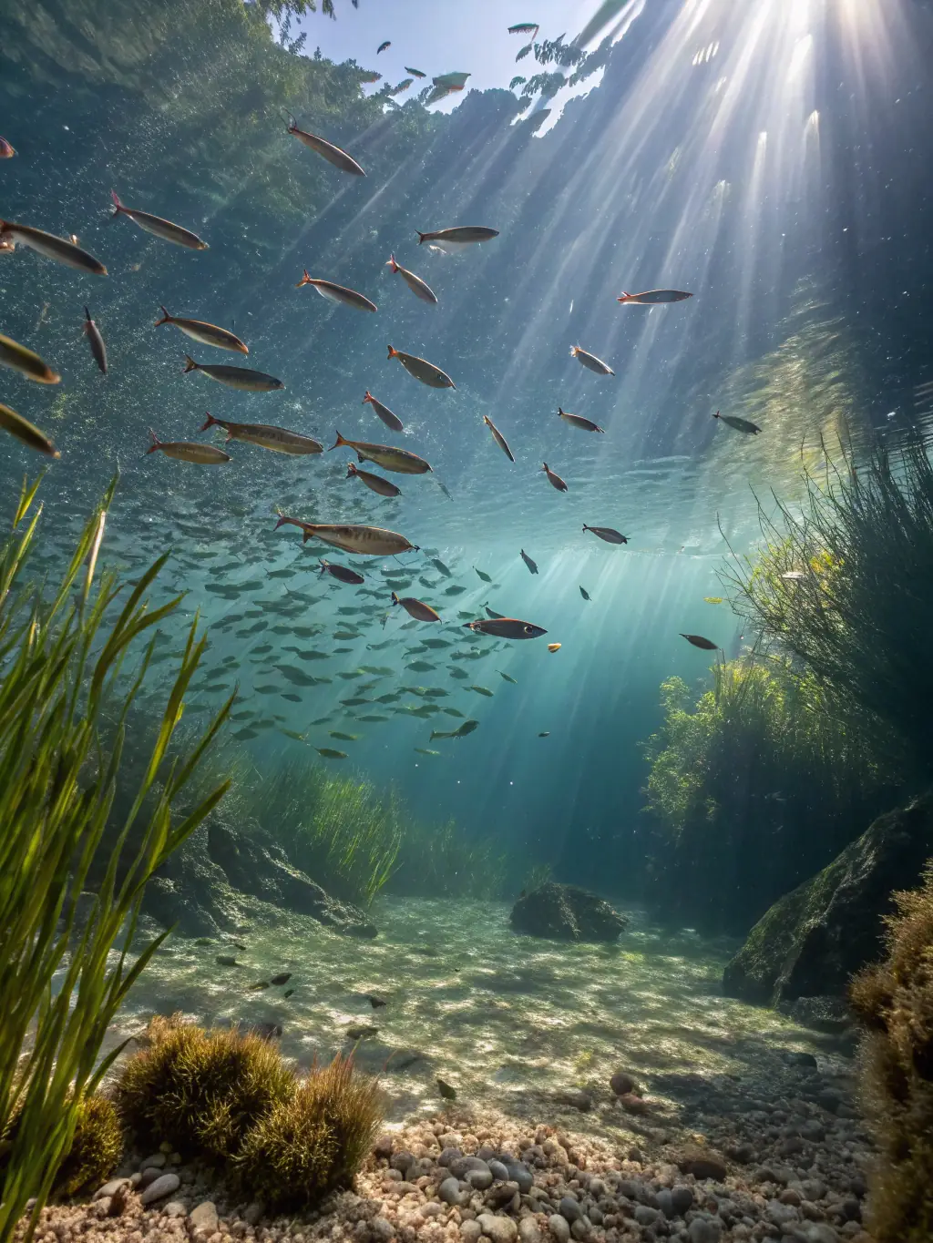 A close-up shot of a school of Cardinal Tetras swimming together, their bright red and blue stripes creating a stunning visual display in a lush, green aquarium.