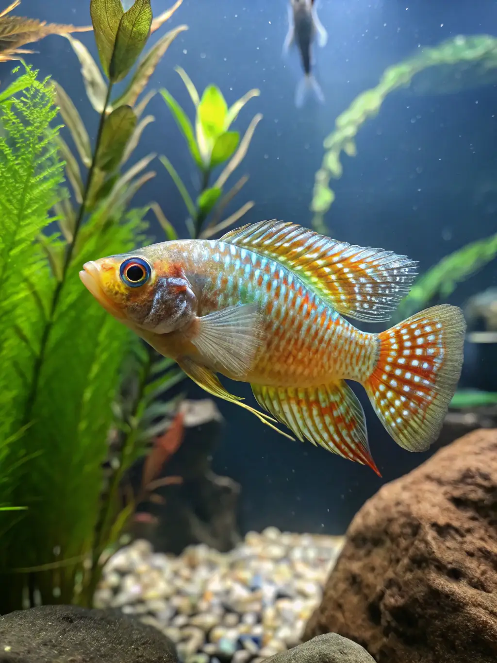 A close-up shot of a rare exotic fish species, highlighting its unique coloration and patterns, swimming gracefully in a planted aquarium.