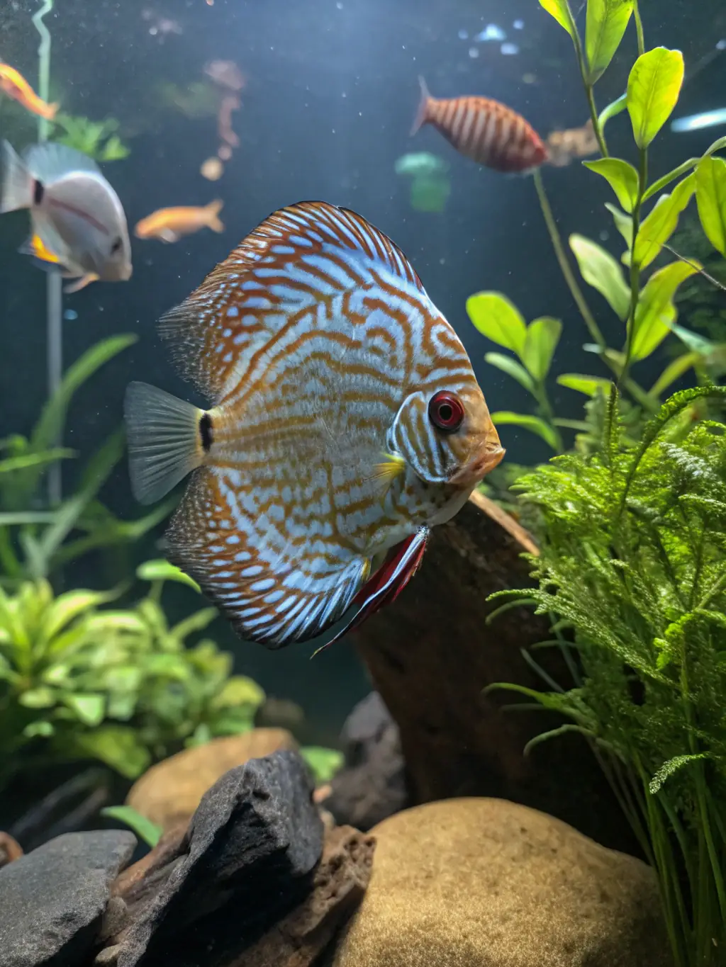 A vibrant image of a Discus fish with bright blue and yellow coloration swimming in a planted aquarium, showcasing its unique round shape and peaceful demeanor, ideal for Kingfin Aquatics' Exotic Fish Collection.