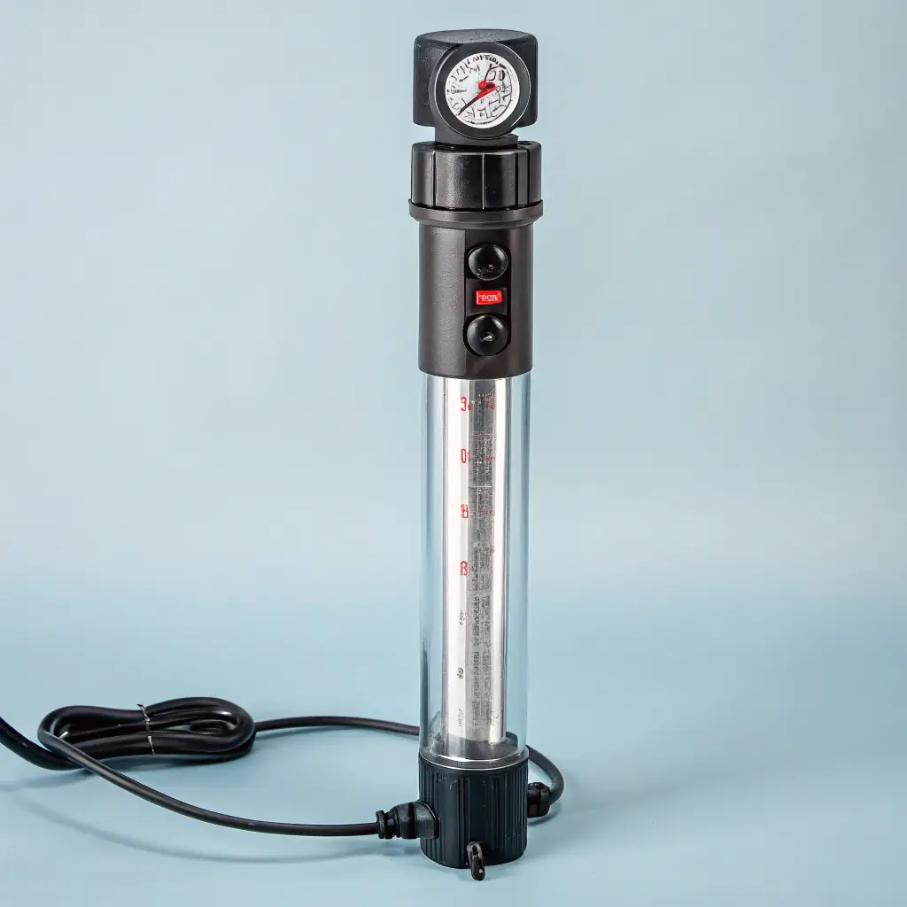 An aquarium heater maintaining a stable and optimal temperature for freshwater stingrays and exotic fish.