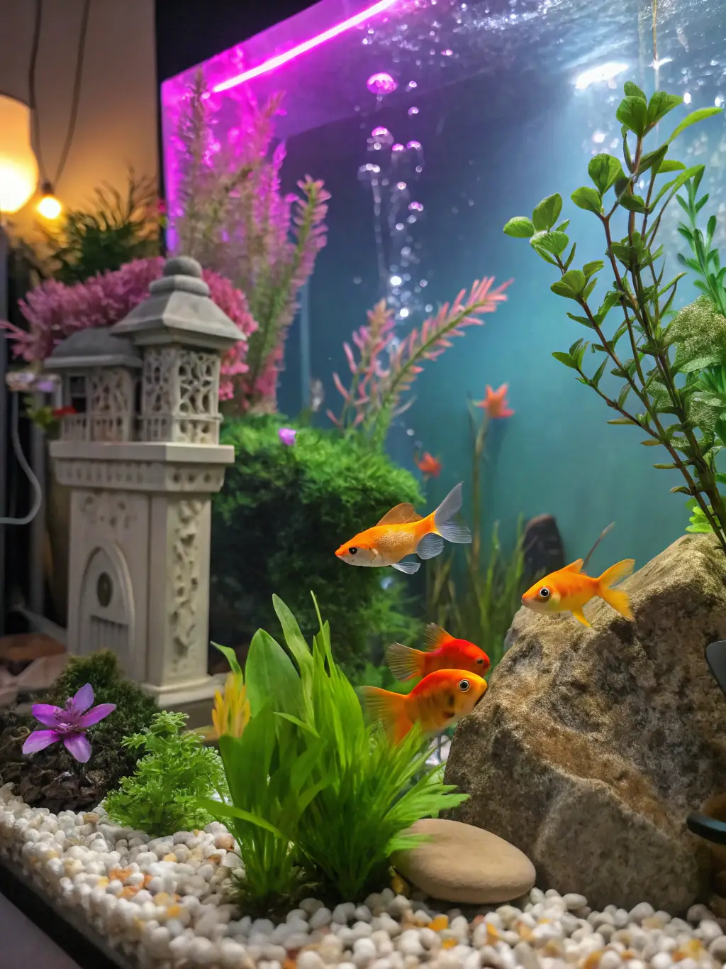A picture of a book cover about freshwater aquariums, with a focus on stingrays and exotic fish, displayed on a wooden table with aquarium equipment in the background.