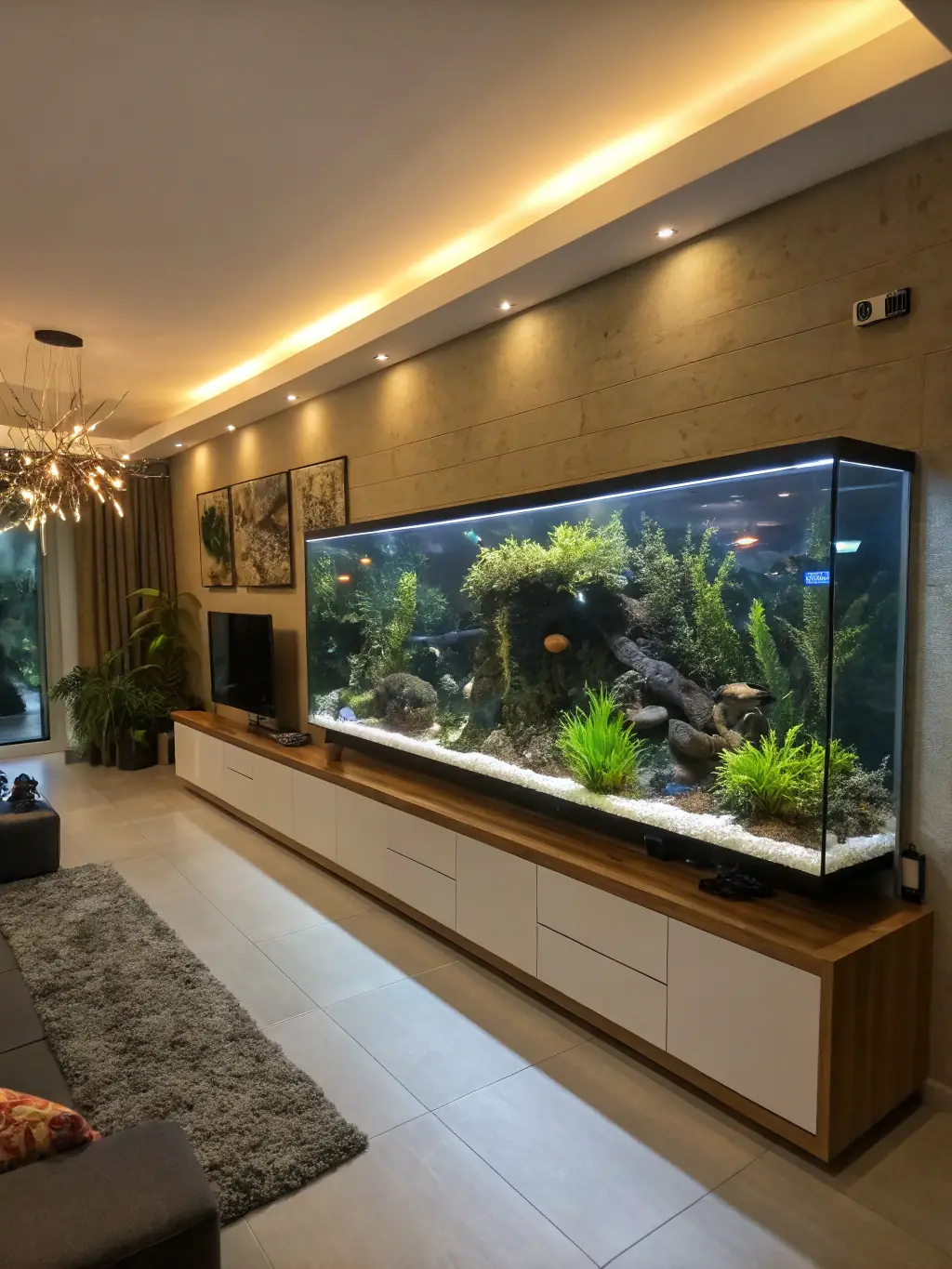 A detailed photograph of a well-maintained aquarium featuring freshwater stingrays, with lush plants and clear water, showcasing a healthy and thriving environment.