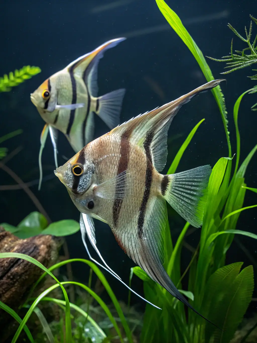 A detailed image of a pair of German Blue Rams displaying their intricate patterns and vibrant colors in a planted tank, showcasing their peaceful nature and suitability for community aquariums, ideal for Kingfin Aquatics' Exotic Fish Collection.