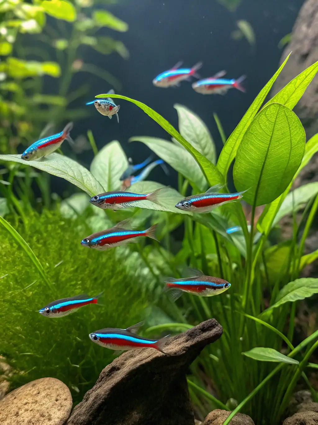 A high-definition photograph of a school of Cardinal Tetras swimming in a densely planted aquarium, highlighting their bright red stripe and shimmering blue body, perfect for Kingfin Aquatics' Exotic Fish Collection.