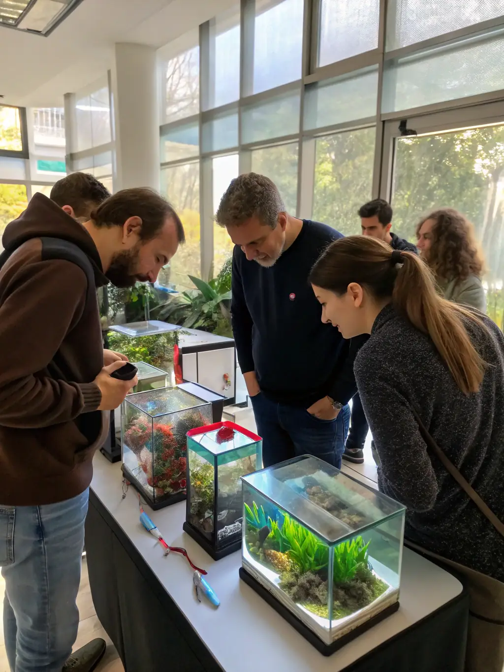 A photograph of a group of aquarists attending a workshop on freshwater stingray breeding, with an expert demonstrating techniques and answering questions.